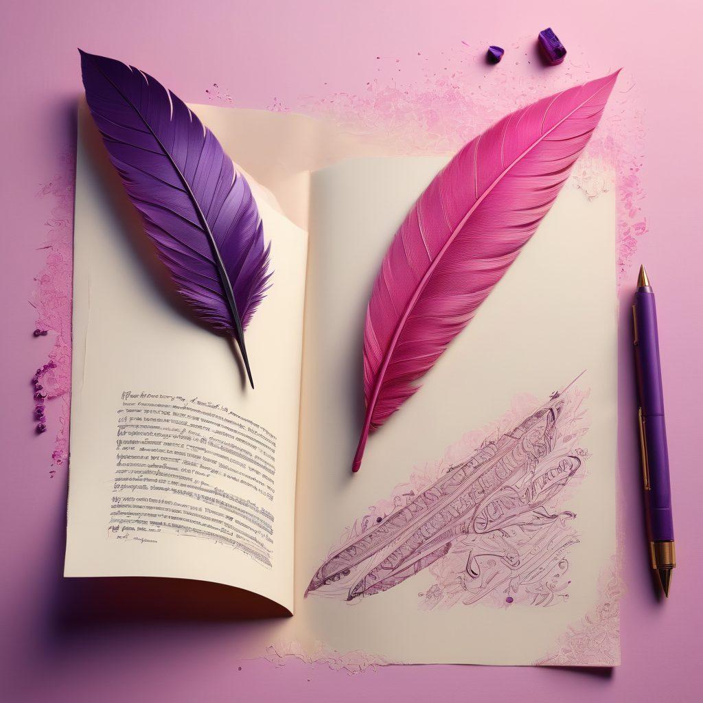 A whimsical yet seductive scene depicting a quill dancing playfully above a parchment adorned with playful, risqué doodles, symbolizing the intersection of humor and kink in writing. The background fades from deep purples to vibrant pinks, with soft, glowing lights to convey an intimate atmosphere. Add subtle elements like blush and smirking emojis entwined with subtle lace patterns. super-realistic. vibrant colors. 3D.