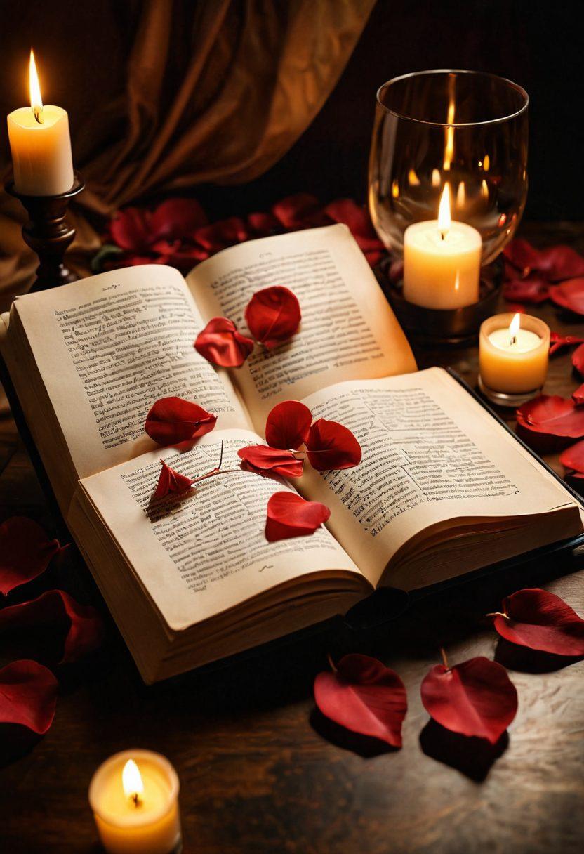 A captivating scene depicting an open book with pages fluttering, revealing tasteful illustrations of intimate tales and erotic adventures. Surround the book with soft candlelight and shadowy silhouettes to create a mysterious atmosphere. Include subtle elements like a glass of red wine and rose petals to enhance the romantic theme. Focus on warm, inviting colors to evoke emotion and curiosity. super-realistic. warm tones. candlelight ambience.