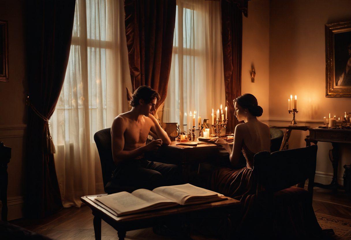 A luxurious, dimly-lit writing space adorned with plush velvet curtains and candles, featuring an elegant pen poised over an open notebook filled with intimate stories. In the foreground, soft silhouettes of passionate couples intertwined, symbolizing seduction and intimacy. The warm glow of candlelight casts gentle shadows, enhancing the romantic atmosphere. super-realistic. rich textures. warm colors.